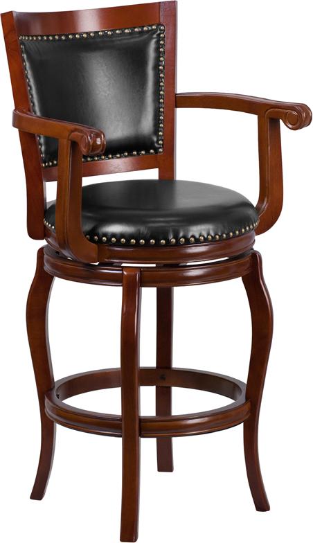 Flash Furniture 30” High Cherry Wood Barstool with Arms, Panel Back and Black Leather Swivel Seat – TA-21259-CHY-GG Online