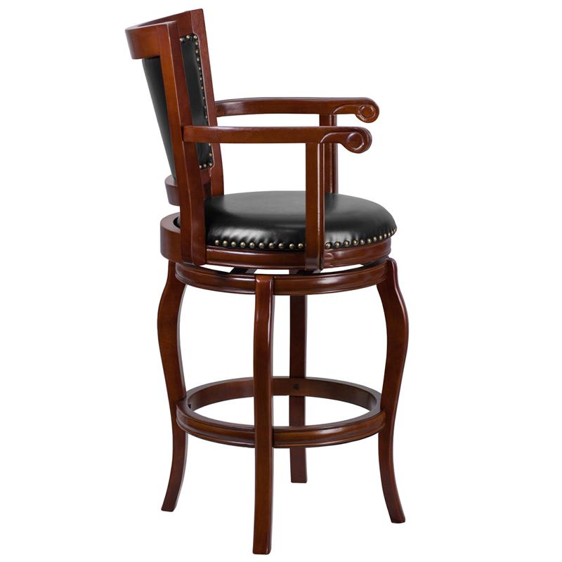 Flash Furniture 30” High Cherry Wood Barstool with Arms, Panel Back and Black Leather Swivel Seat – TA-21259-CHY-GG Online