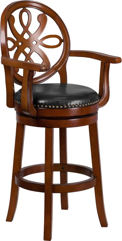 Flash Furniture 30” High Brandy Wood Barstool with Arms, Carved Back and Black Leather Swivel Seat – TA-550230-BDY-GG Supply