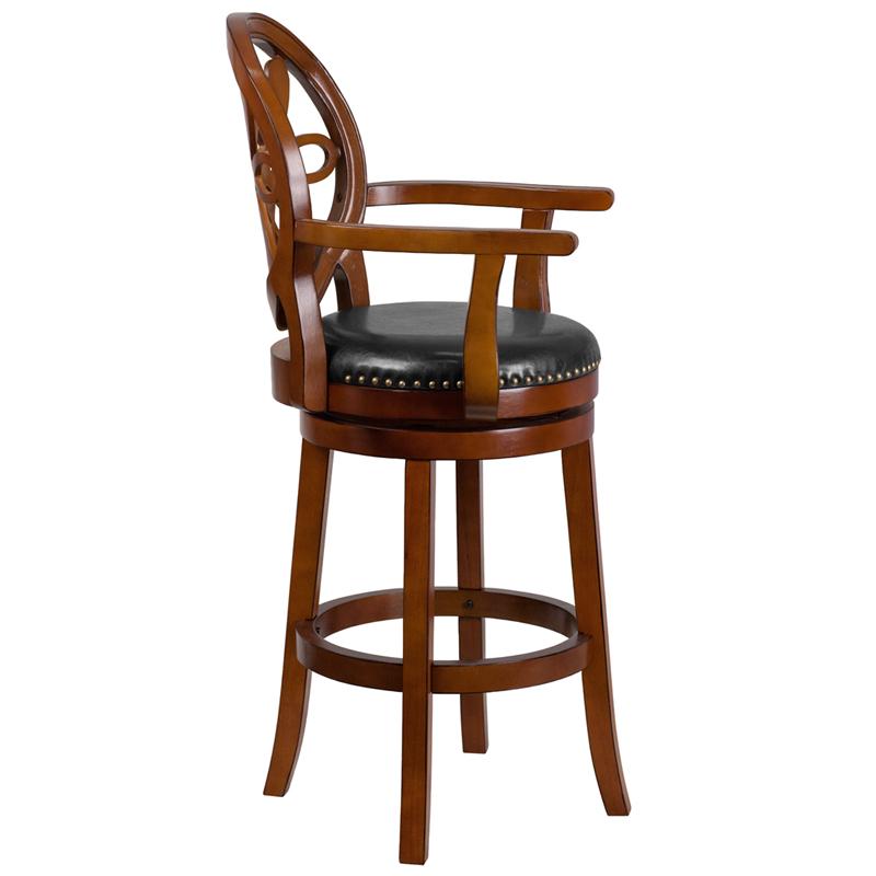 Flash Furniture 30” High Brandy Wood Barstool with Arms, Carved Back and Black Leather Swivel Seat – TA-550230-BDY-GG Supply