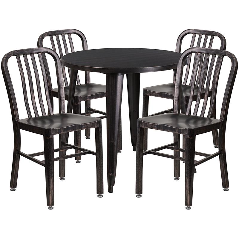 Flash Furniture 30” Round Black-Antique Gold Metal Indoor-Outdoor Table Set with 4 Vertical Slat Back Chairs – CH-51090TH-4-18VRT-BQ-GG on Sale