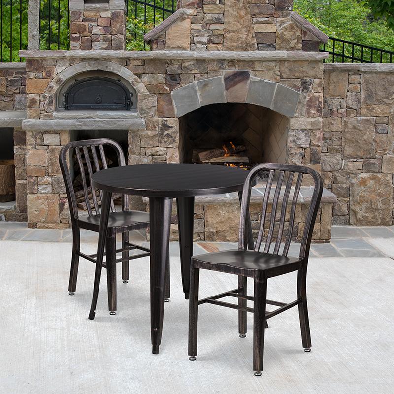 Flash Furniture 30” Round Black-Antique Gold Metal Indoor-Outdoor Table Set with 2 Vertical Slat Back Chairs – CH-51090TH-2-18VRT-BQ-GG Discount