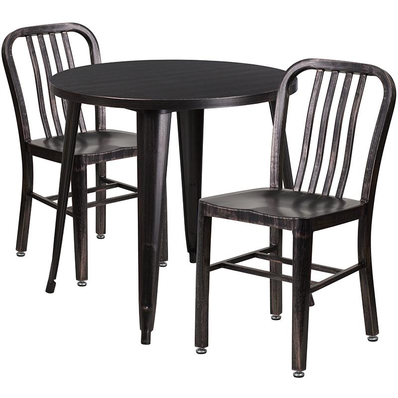 Flash Furniture 30” Round Black-Antique Gold Metal Indoor-Outdoor Table Set with 2 Vertical Slat Back Chairs – CH-51090TH-2-18VRT-BQ-GG Discount