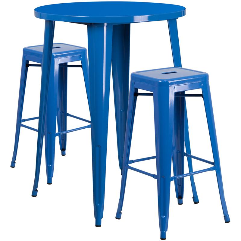 Flash Furniture 30” Round Blue Metal Indoor-Outdoor Bar Table Set with 2 Square Seat Backless Stools – CH-51090BH-2-30SQST-BL-GG Discount