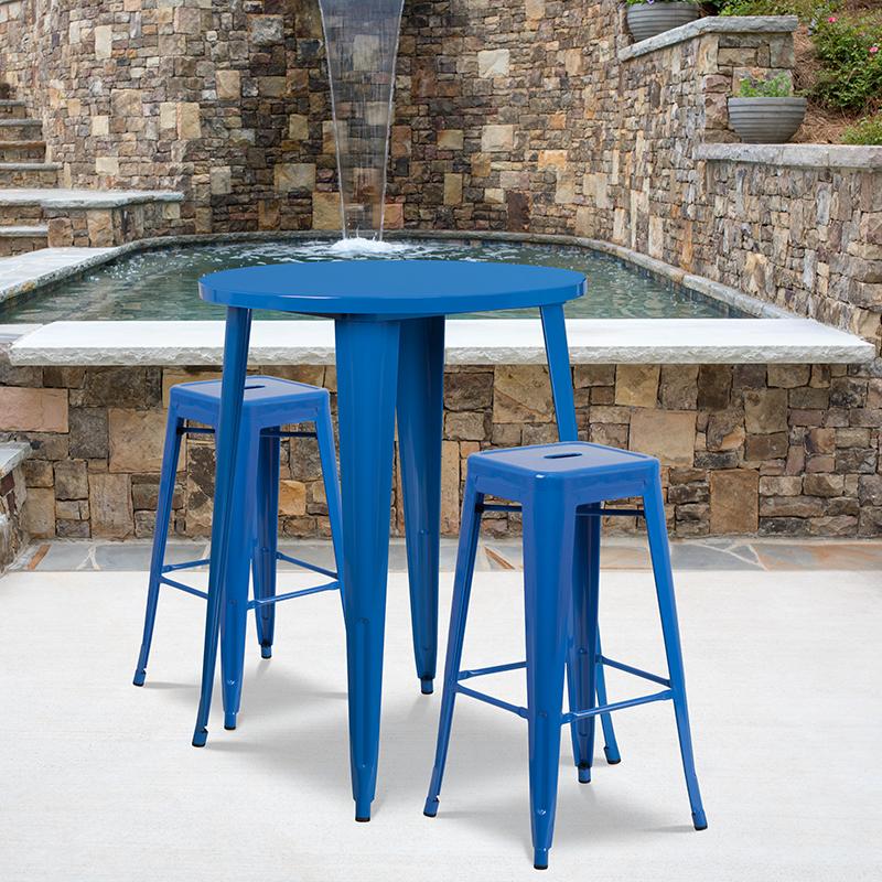 Flash Furniture 30” Round Blue Metal Indoor-Outdoor Bar Table Set with 2 Square Seat Backless Stools – CH-51090BH-2-30SQST-BL-GG Discount