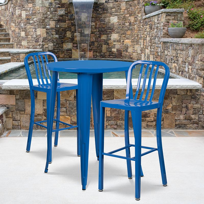 Flash Furniture 30” Round Blue Metal Indoor-Outdoor Bar Table Set with 2 Vertical Slat Back Stools – CH-51090BH-2-30VRT-BL-GG Fashion