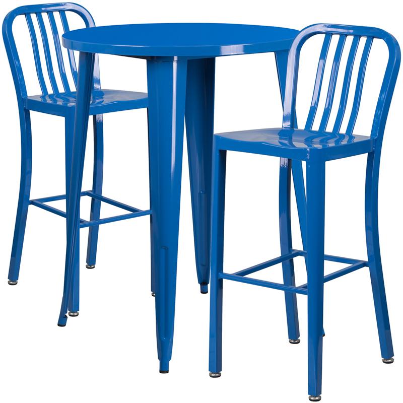 Flash Furniture 30” Round Blue Metal Indoor-Outdoor Bar Table Set with 2 Vertical Slat Back Stools – CH-51090BH-2-30VRT-BL-GG Fashion