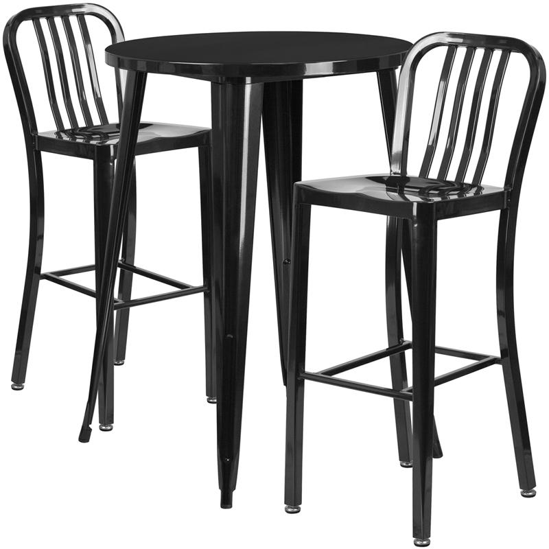 Flash Furniture 30” Round Black Metal Indoor-Outdoor Bar Table Set with 2 Vertical Slat Back Stools – CH-51090BH-2-30VRT-BK-GG Online Hot Sale