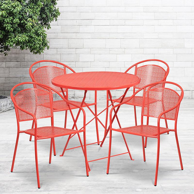 Flash Furniture 30” Round Coral Indoor-Outdoor Steel Folding Patio Table Set with 4 Round Back Chairs – CO-30RDF-03CHR4-RED-GG Supply