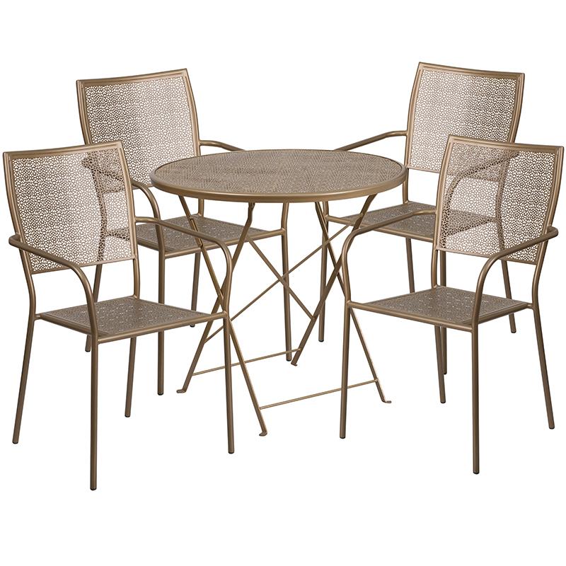 Flash Furniture 30” Round Gold Indoor-Outdoor Steel Folding Patio Table Set with 4 Square Back Chairs – CO-30RDF-02CHR4-GD-GG Online