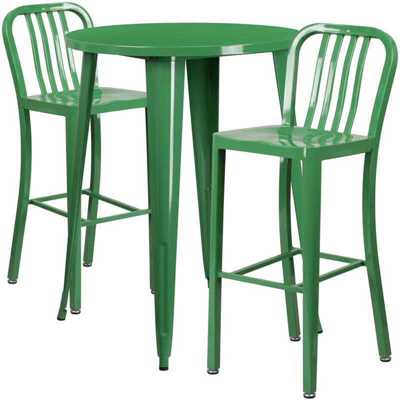 Flash Furniture 30” Round Green Metal Indoor-Outdoor Bar Table Set with 2 Vertical Slat Back Stools – CH-51090BH-2-30VRT-GN-GG Online now