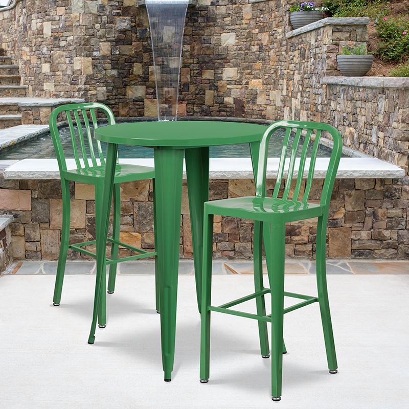 Flash Furniture 30” Round Green Metal Indoor-Outdoor Bar Table Set with 2 Vertical Slat Back Stools – CH-51090BH-2-30VRT-GN-GG Online now