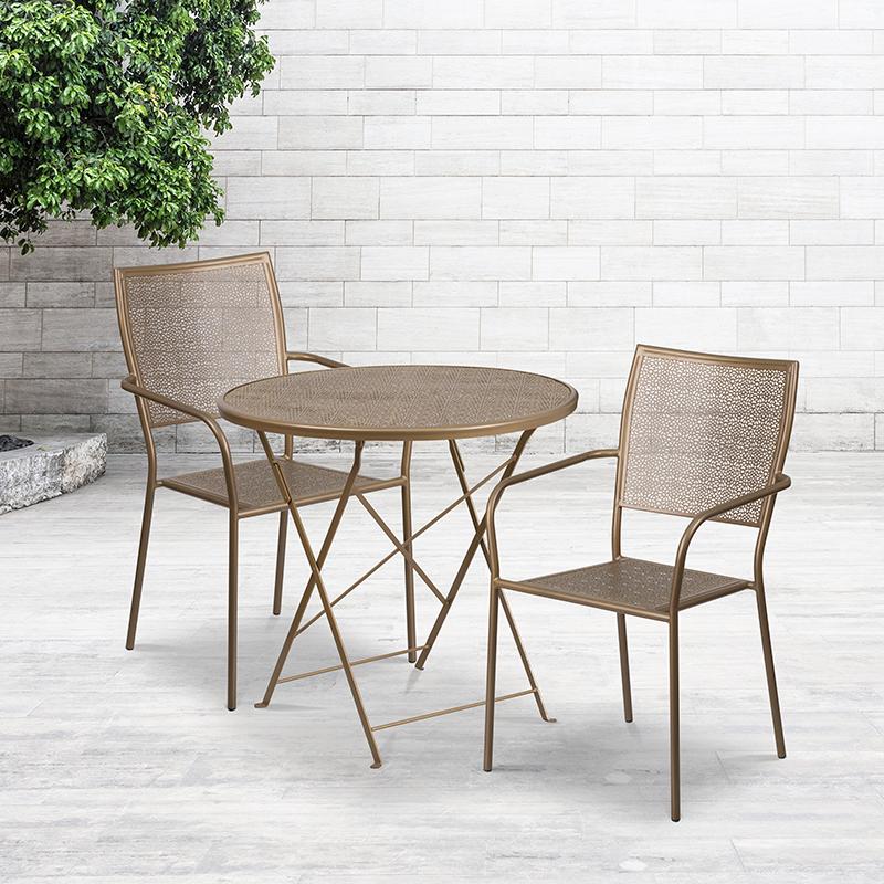 Flash Furniture 30” Round Gold Indoor-Outdoor Steel Folding Patio Table Set with 2 Square Back Chairs – CO-30RDF-02CHR2-GD-GG Online Hot Sale
