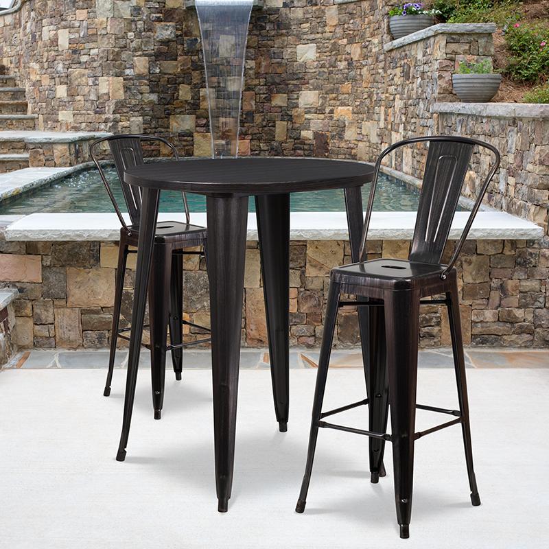 Flash Furniture 30” Round Black-Antique Gold Metal Indoor-Outdoor Bar Table Set with 2 Cafe Stools – CH-51090BH-2-30CAFE-BQ-GG Supply