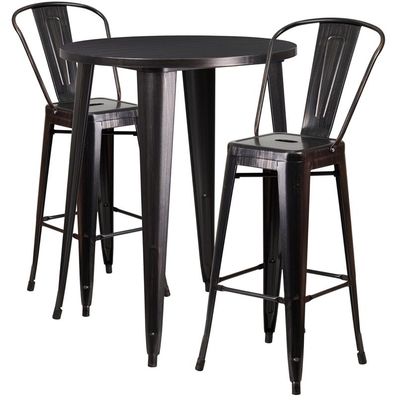 Flash Furniture 30” Round Black-Antique Gold Metal Indoor-Outdoor Bar Table Set with 2 Cafe Stools – CH-51090BH-2-30CAFE-BQ-GG Supply