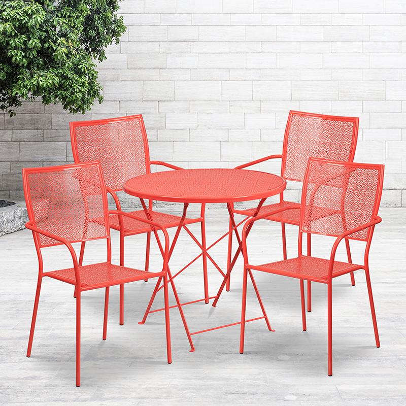 Flash Furniture 30” Round Coral Indoor-Outdoor Steel Folding Patio Table Set with 4 Square Back Chairs – CO-30RDF-02CHR4-RED-GG Hot on Sale