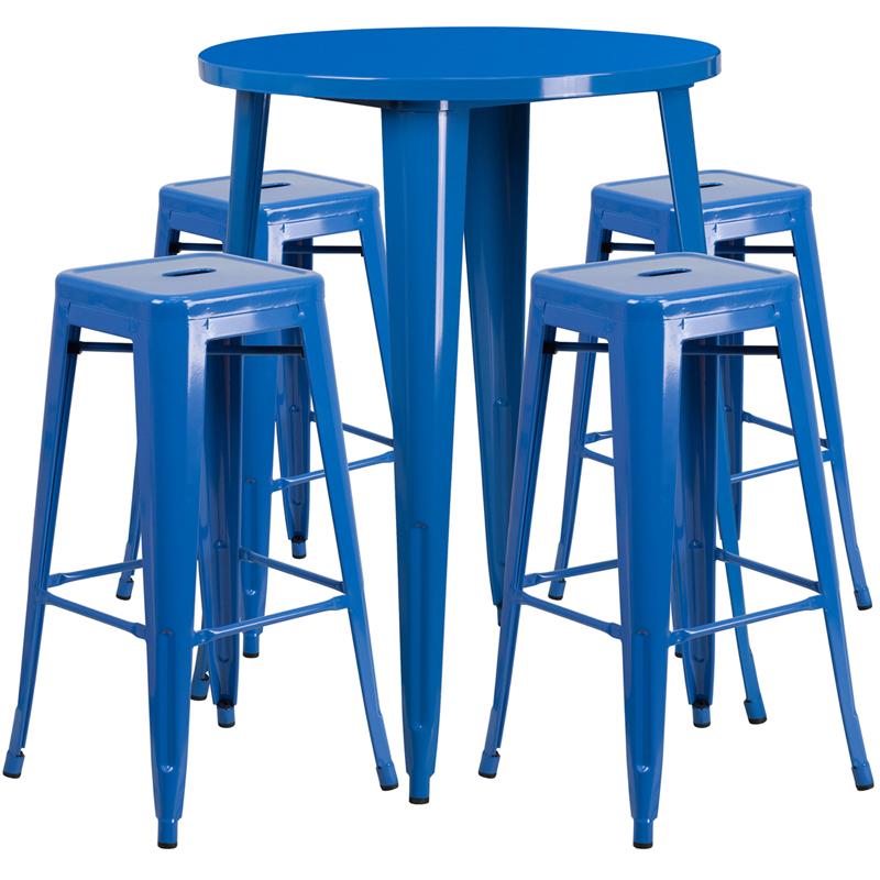 Flash Furniture 30” Round Blue Metal Indoor-Outdoor Bar Table Set with 4 Square Seat Backless Stools – CH-51090BH-4-30SQST-BL-GG Online Sale