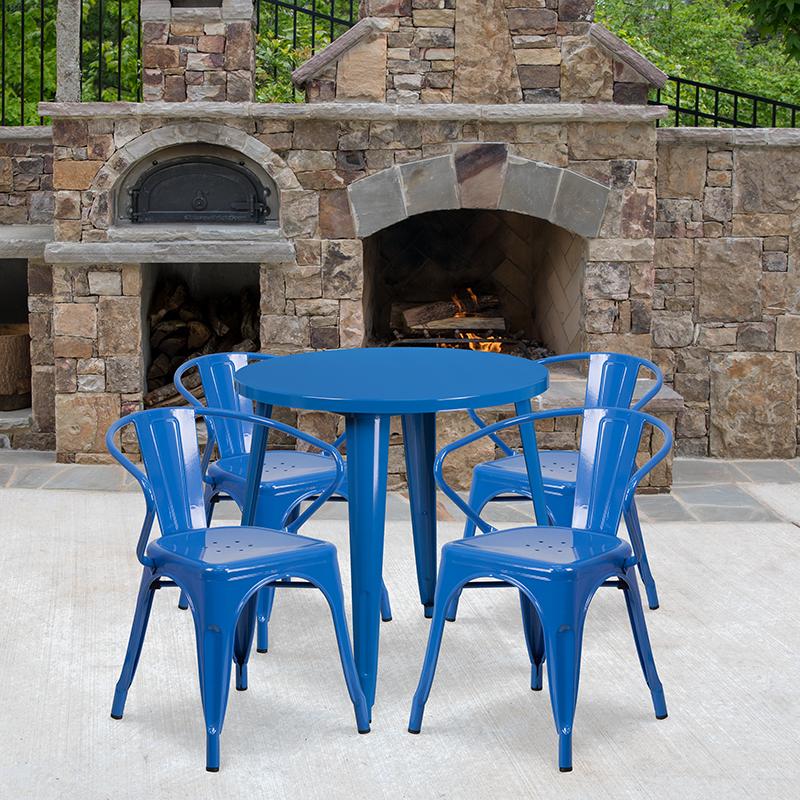 Flash Furniture 30” Round Blue Metal Indoor-Outdoor Table Set with 4 Arm Chairs – CH-51090TH-4-18ARM-BL-GG Online