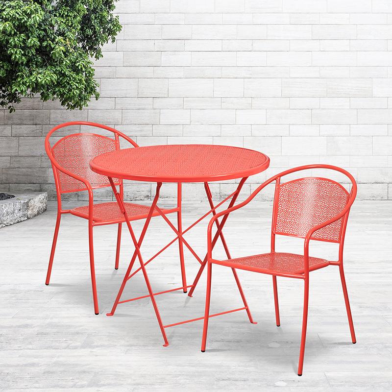 Flash Furniture 30” Round Coral Indoor-Outdoor Steel Folding Patio Table Set with 2 Round Back Chairs – CO-30RDF-03CHR2-RED-GG Supply