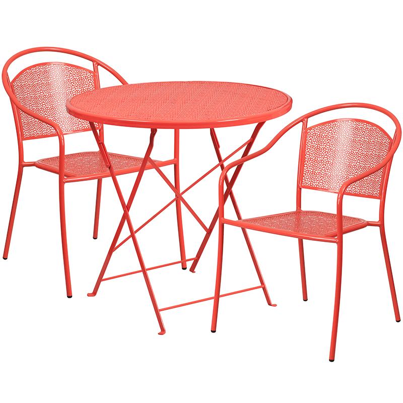 Flash Furniture 30” Round Coral Indoor-Outdoor Steel Folding Patio Table Set with 2 Round Back Chairs – CO-30RDF-03CHR2-RED-GG Supply