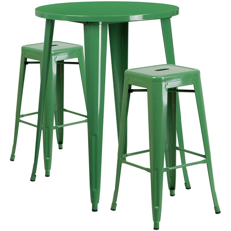 Flash Furniture 30” Round Green Metal Indoor-Outdoor Bar Table Set with 2 Square Seat Backless Stools – CH-51090BH-2-30SQST-GN-GG Online now