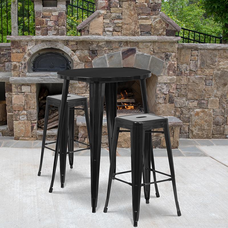 Flash Furniture 30” Round Black Metal Indoor-Outdoor Bar Table Set with 2 Square Seat Backless Stools – CH-51090BH-2-30SQST-BK-GG Fashion