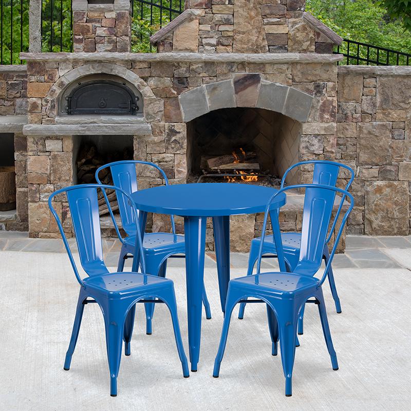 Flash Furniture 30” Round Blue Metal Indoor-Outdoor Table Set with 4 Cafe Chairs – CH-51090TH-4-18CAFE-BL-GG Hot on Sale