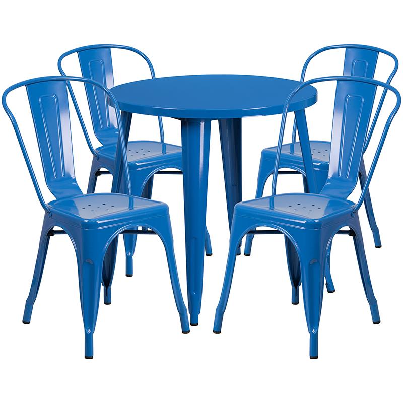 Flash Furniture 30” Round Blue Metal Indoor-Outdoor Table Set with 4 Cafe Chairs – CH-51090TH-4-18CAFE-BL-GG Hot on Sale