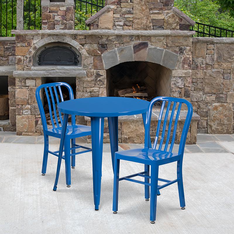 Flash Furniture 30” Round Blue Metal Indoor-Outdoor Table Set with 2 Vertical Slat Back Chairs – CH-51090TH-2-18VRT-BL-GG on Sale