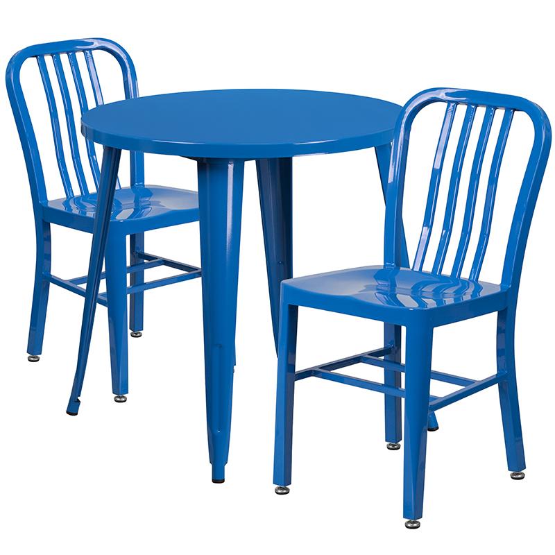 Flash Furniture 30” Round Blue Metal Indoor-Outdoor Table Set with 2 Vertical Slat Back Chairs – CH-51090TH-2-18VRT-BL-GG on Sale