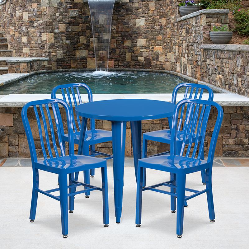 Flash Furniture 30” Round Blue Metal Indoor-Outdoor Table Set with 4 Vertical Slat Back Chairs – CH-51090TH-4-18VRT-BL-GG Sale