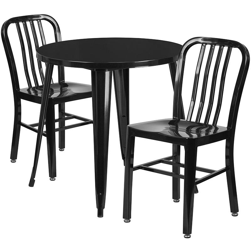 Flash Furniture 30” Round Black Metal Indoor-Outdoor Table Set with 2 Vertical Slat Back Chairs – CH-51090TH-2-18VRT-BK-GG Fashion