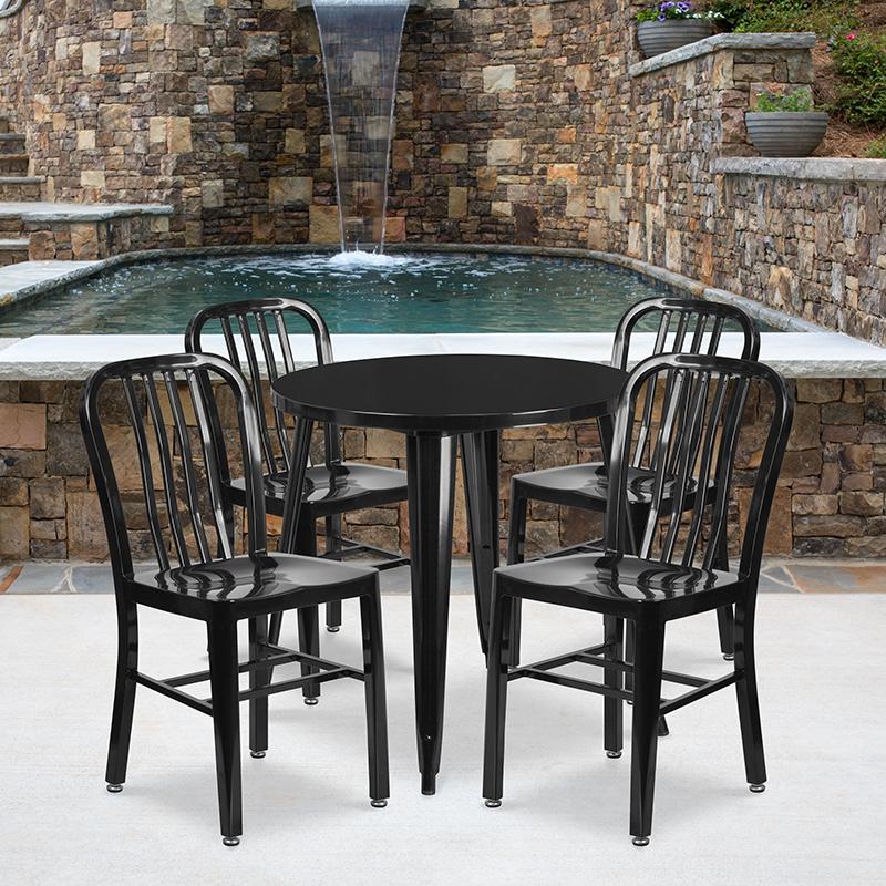 Flash Furniture 30” Round Black Metal Indoor-Outdoor Table Set with 4 Vertical Slat Back Chairs – CH-51090TH-4-18VRT-BK-GG Online Hot Sale