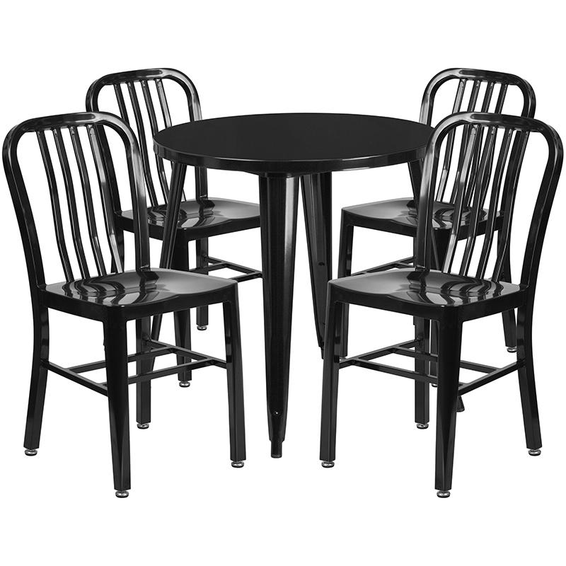 Flash Furniture 30” Round Black Metal Indoor-Outdoor Table Set with 4 Vertical Slat Back Chairs – CH-51090TH-4-18VRT-BK-GG Online Hot Sale