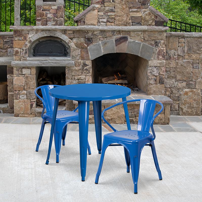 Flash Furniture 30” Round Blue Metal Indoor-Outdoor Table Set with 2 Arm Chairs – CH-51090TH-2-18ARM-BL-GG Supply