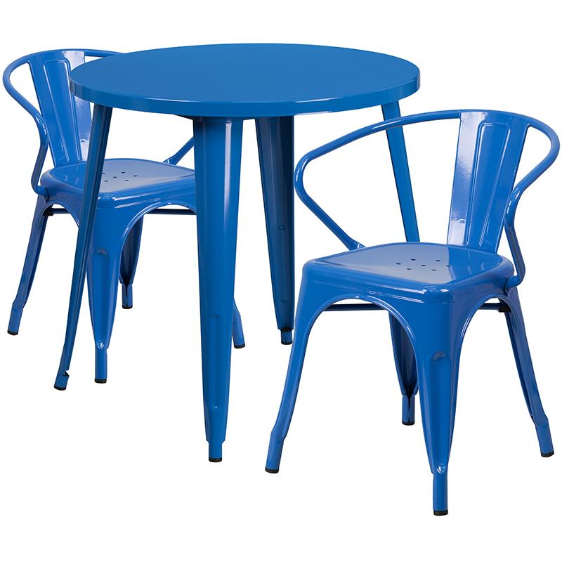 Flash Furniture 30” Round Blue Metal Indoor-Outdoor Table Set with 2 Arm Chairs – CH-51090TH-2-18ARM-BL-GG Supply