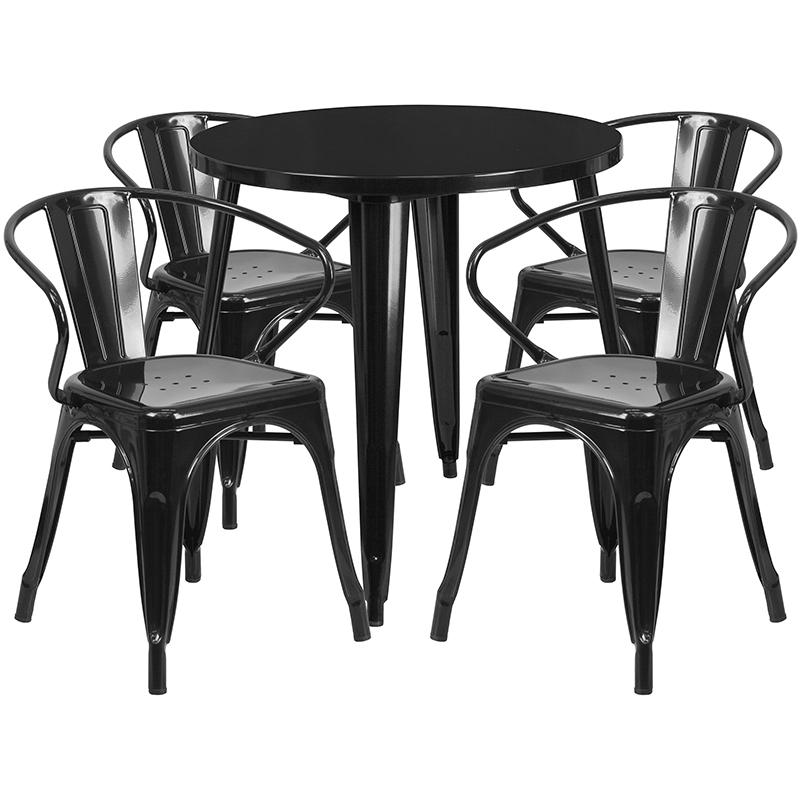 Flash Furniture 30” Round Black Metal Indoor-Outdoor Table Set with 4 Arm Chairs – CH-51090TH-4-18ARM-BK-GG Hot on Sale