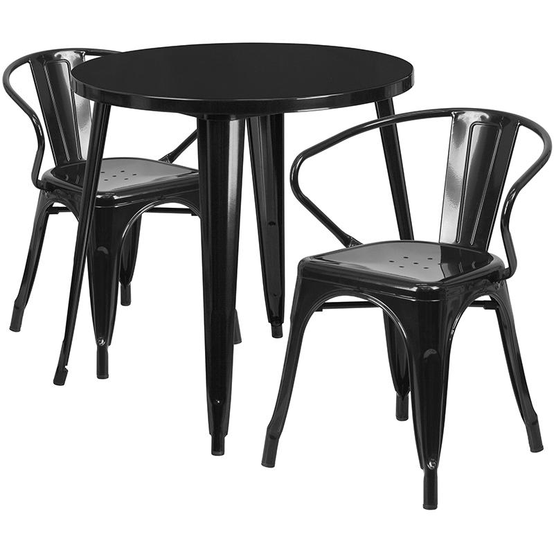 Flash Furniture 30” Round Black Metal Indoor-Outdoor Table Set with 2 Arm Chairs – CH-51090TH-2-18ARM-BK-GG Online Sale