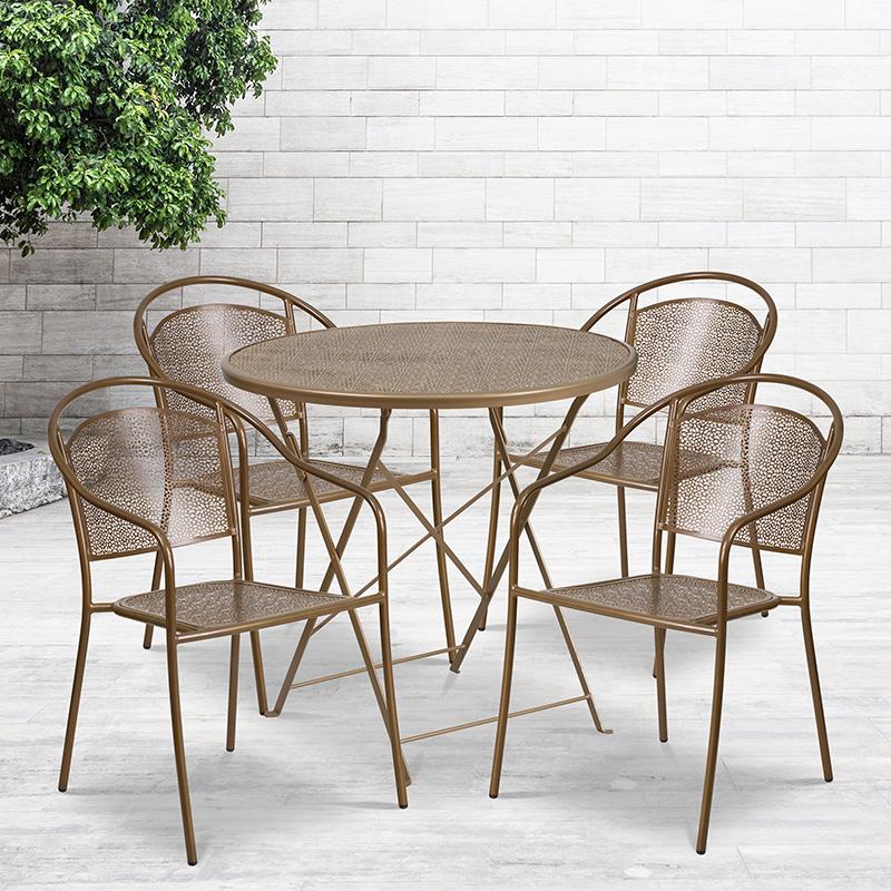 Flash Furniture 30” Round Gold Indoor-Outdoor Steel Folding Patio Table Set with 4 Round Back Chairs – CO-30RDF-03CHR4-GD-GG Fashion