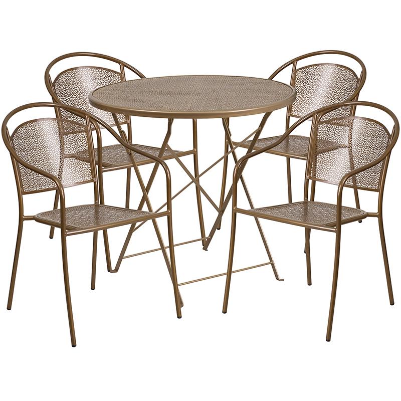 Flash Furniture 30” Round Gold Indoor-Outdoor Steel Folding Patio Table Set with 4 Round Back Chairs – CO-30RDF-03CHR4-GD-GG Fashion