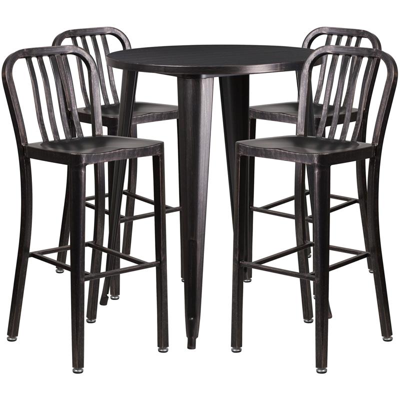 Flash Furniture 30” Round Black-Antique Gold Metal Indoor-Outdoor Bar Table Set with 4 Vertical Slat Back Stools – CH-51090BH-4-30VRT-BQ-GG Supply