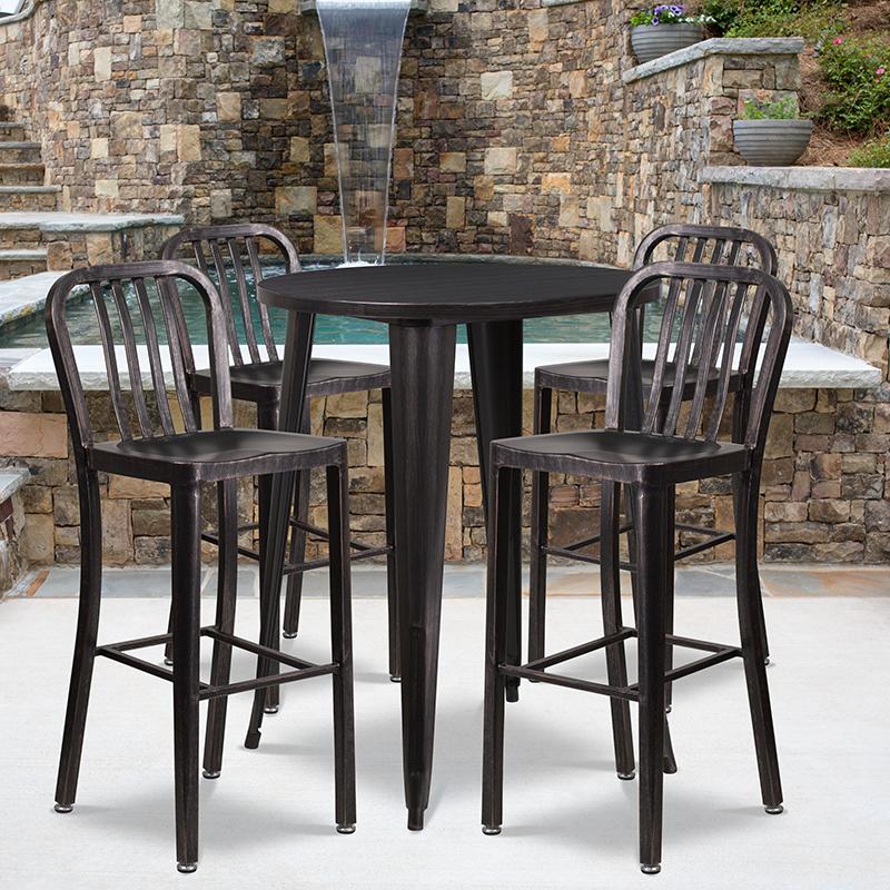 Flash Furniture 30” Round Black-Antique Gold Metal Indoor-Outdoor Bar Table Set with 4 Vertical Slat Back Stools – CH-51090BH-4-30VRT-BQ-GG Supply
