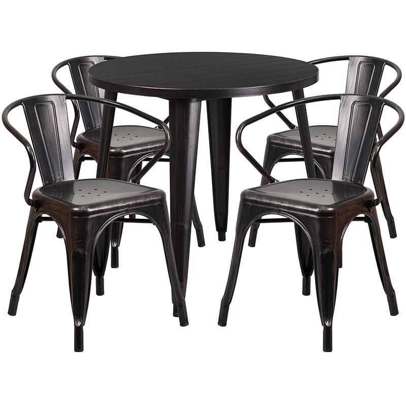 Flash Furniture 30” Round Black-Antique Gold Metal Indoor-Outdoor Table Set with 4 Arm Chairs – CH-51090TH-4-18ARM-BQ-GG Fashion