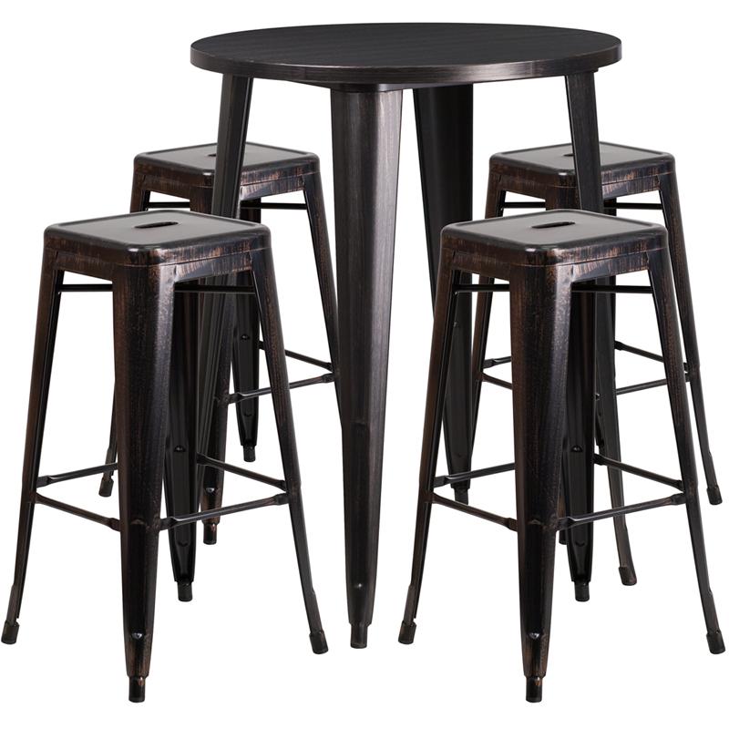 Flash Furniture 30” Round Black-Antique Gold Metal Indoor-Outdoor Bar Table Set with 4 Square Seat Backless Stools – CH-51090BH-4-30SQST-BQ-GG Sale