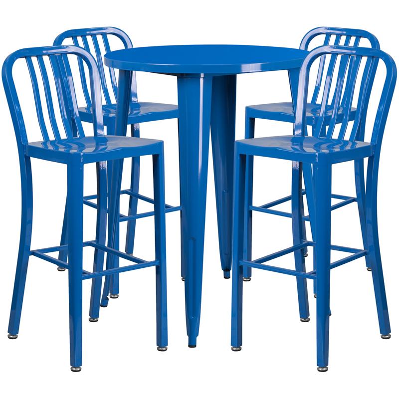Flash Furniture 30” Round Blue Metal Indoor-Outdoor Bar Table Set with 4 Vertical Slat Back Stools – CH-51090BH-4-30VRT-BL-GG on Sale