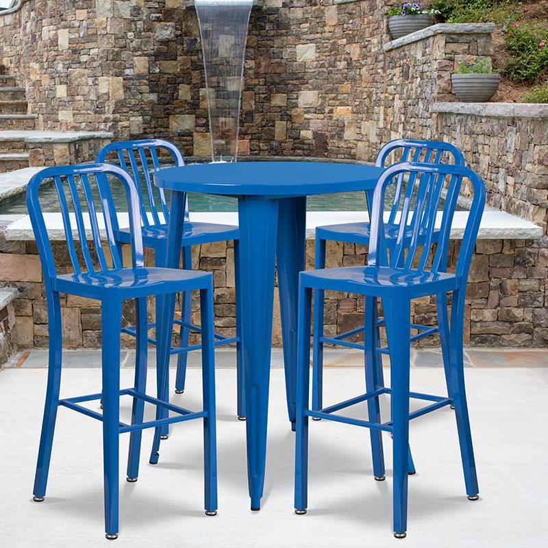 Flash Furniture 30” Round Blue Metal Indoor-Outdoor Bar Table Set with 4 Vertical Slat Back Stools – CH-51090BH-4-30VRT-BL-GG on Sale