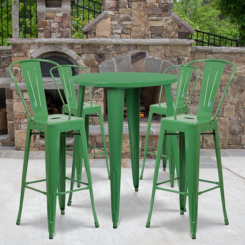 Flash Furniture 30” Round Green Metal Indoor-Outdoor Bar Table Set with 4 Cafe Stools – CH-51090BH-4-30CAFE-GN-GG on Sale