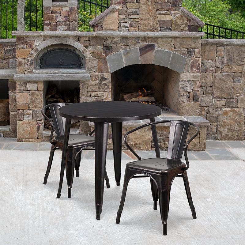 Flash Furniture 30” Round Black-Antique Gold Metal Indoor-Outdoor Table Set with 2 Arm Chairs – CH-51090TH-2-18ARM-BQ-GG Sale