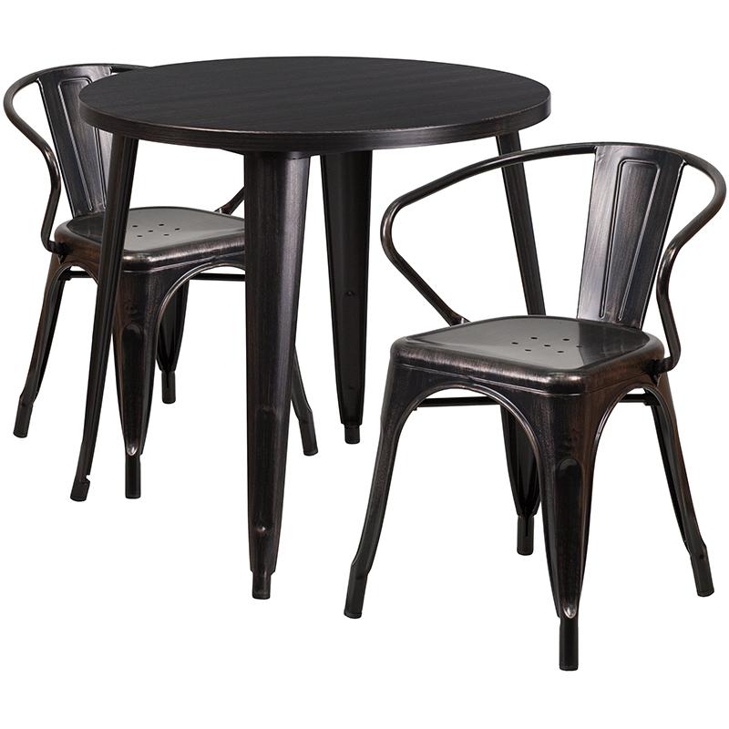 Flash Furniture 30” Round Black-Antique Gold Metal Indoor-Outdoor Table Set with 2 Arm Chairs – CH-51090TH-2-18ARM-BQ-GG Sale