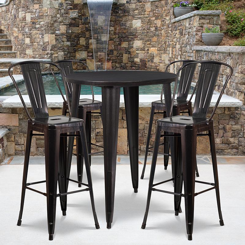Flash Furniture 30” Round Black-Antique Gold Metal Indoor-Outdoor Bar Table Set with 4 Cafe Stools – CH-51090BH-4-30CAFE-BQ-GG Supply